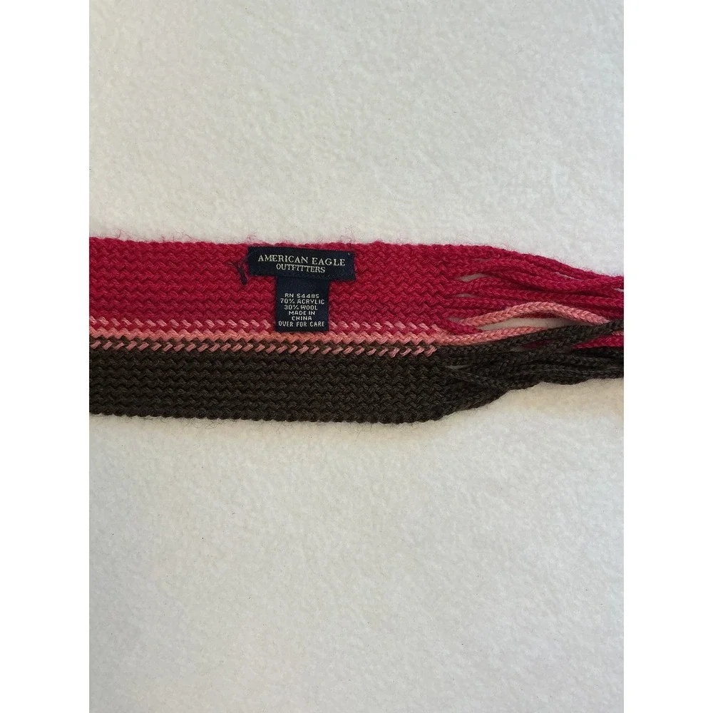 American Eagle Pink Brown Striped Skinny Scarf Y2K Preppy Wool Blend